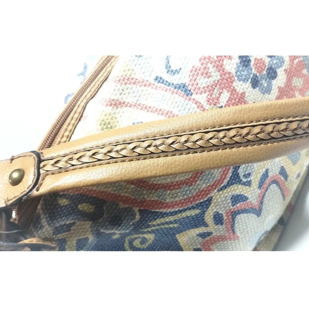 Fossil Genuine Classic 1954 Paisley Canvas Shoulder Bag Tan Leather Trim Boho